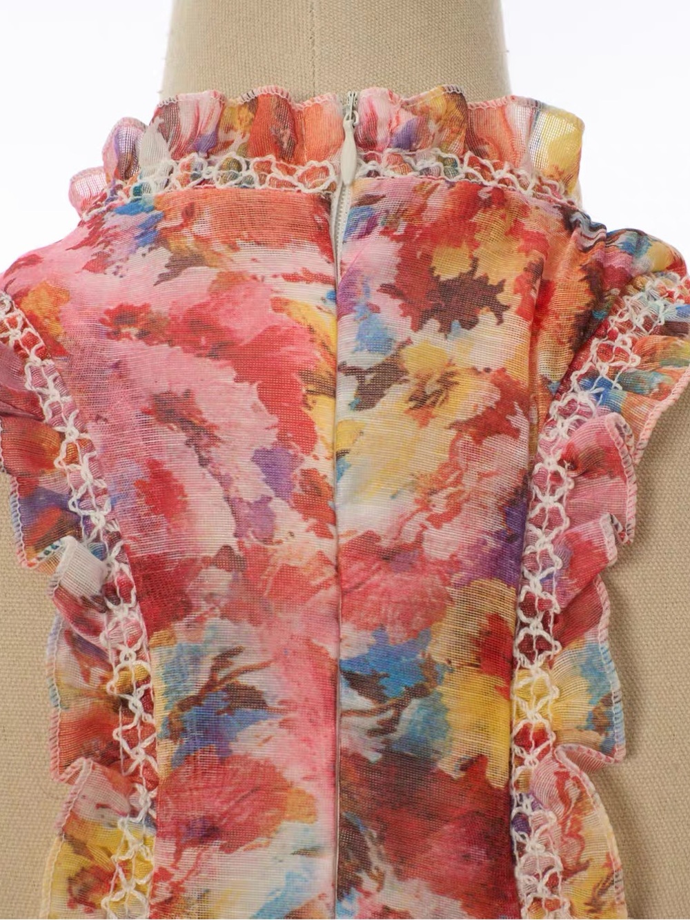 Designer Sleeveless Pink Floral Ruffle Mini Dress - Picture 11 of 12